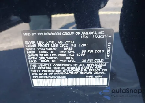 2025 Volkswagen Atlas 2.0T Se W/Technology z USA, uszkodzony, nr VIN 1V2JR2CA2SC519206